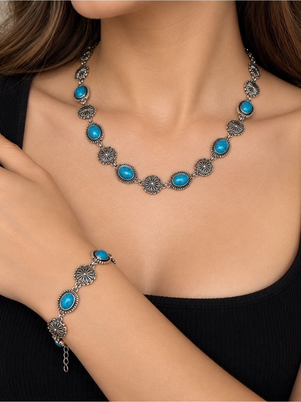 Vintage Southwestern Turquoise Statement Necklace/ Bracelet Set/ Boho Western